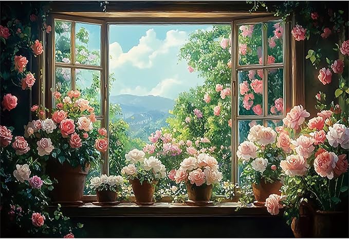 Baocicco 20x10ft Flowers Windowsill Photography Background Spring Floral Retro Oil Painting Photo Backdrop for Valentines Mothers Day Birthday Wedding Party Decorations Girls Women Portraits