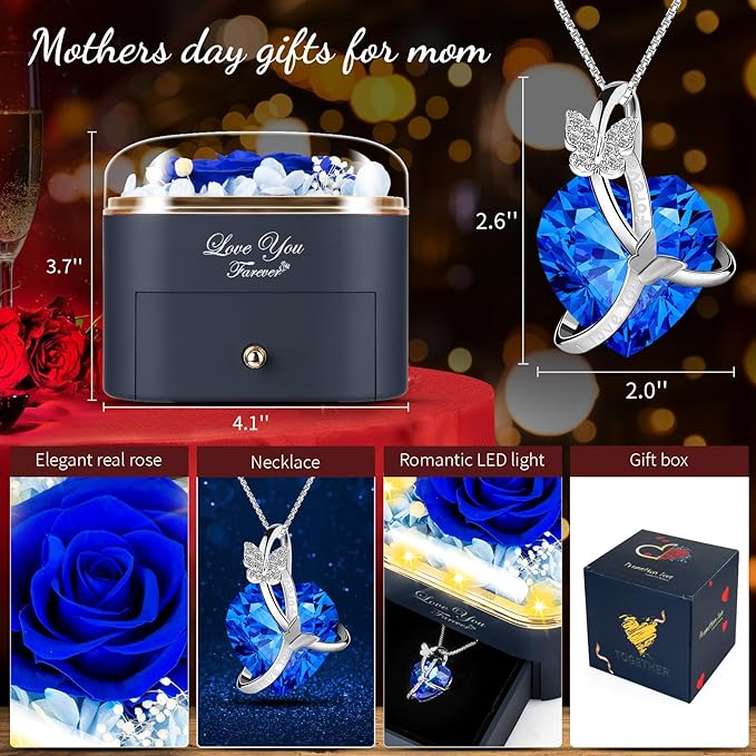 Preserved Blue Real Rose with Necklace Jewelry Box -Eternal Flowers Rose Gifts for Grandma Wife Girlfriend on Valentines Mothers Day Christmas Birthday Anniversary Romantic Gifts for Her