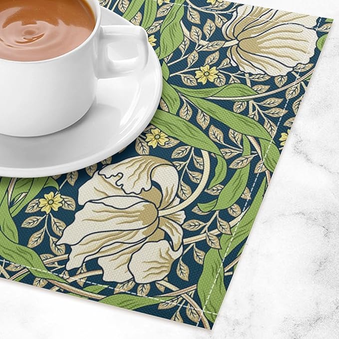 William Morris Flower Placemats Set of 4, Retro Boho Botanical Plant Place Mats, Heat Resistant Non Slip Cotton Linen Dining Table Mats for Home Kitchen Party 18x12 Inch