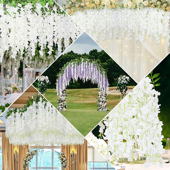 Yastouay 28 Pcs Wisteria Hanging Flowers, 3.77 Ft/Pcs Artificial Hanging Flowers, White Fake Wisteria for Wedding Party Backdrop Wall Home Decoration