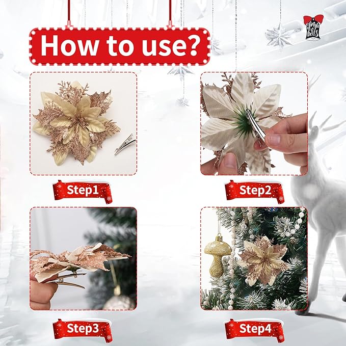 24Pcs Christmas Poinsettia Artificial Flowers and Glitter Berries Kit, 2 Styles Total 16Pcs Christmas Tree Flowers Ornaments, 8Pcs Christmas Tree Picks for Wedding Holiday Decorations, Champagne