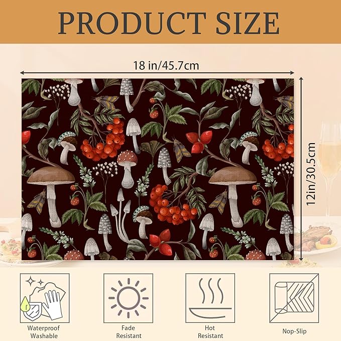 Mushrooms Berries and Plants Placemats Set of 6 Washable Table Mats for Kitchen Dining Table,Heat-Resistant Botanical Place Mats for Indoor Outdoor Party Holiday Decoration