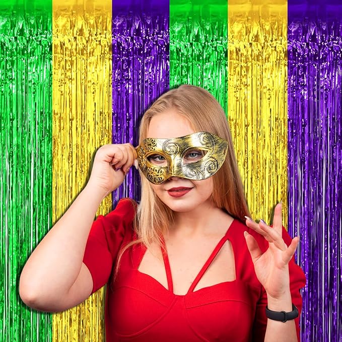 4 Pack Mardi Gras Foil Fringe Curtain Backdrop, 3.28Ft x 8.2Ft Gold Green Purple Metallic Tinsel Foil Fringe Streamers Curtains for Photo Booth, Wedding, Birthday Party Decoration