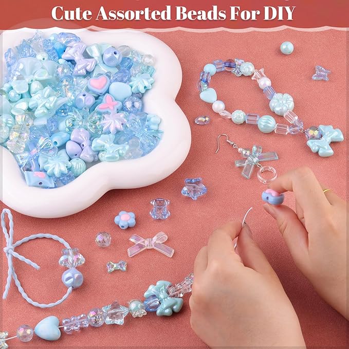 Assorted Acrylic Beads, 200-260PCS Blue Cute Beads for Bracelet Making, GummyBear Bow Flower Candy Kawaii Charms for Jewelry Making DIY Necklace Keychain Phone Charm Christmas Gift