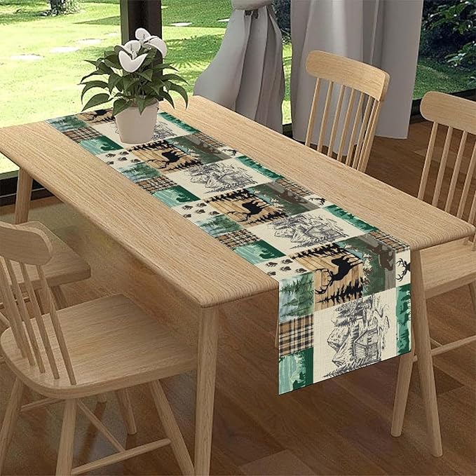 Rustic Cabin Table Runner, Farmhouse Deer Bear Retro Pine Forest Wooden Plank Wild Animal Seasonal Coffee Table Center Decor for Home Kitchen Dining Patio Holiday Party Table Decorations 13x90 inches