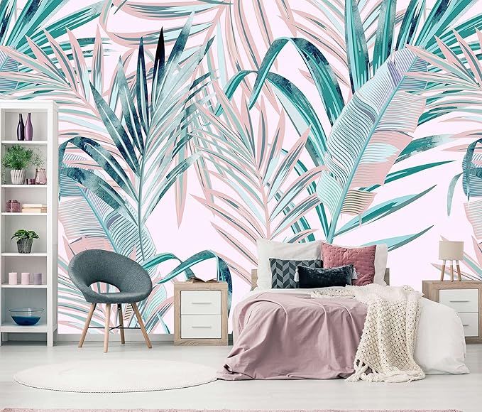 WFBHUA-Pink and Green Palm Leaf Wallpaper Large Self Adhesive Mural for Girls' Rooms 137"x100"