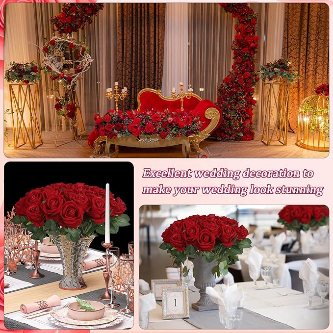 30pcs Fake Roses Artificial Silk Flowers Long Stems Bouquet for Wedding Bridal Shower Party Home Decoration (Burgundy)