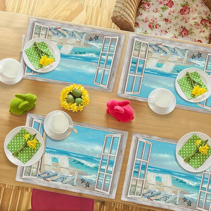 Coastal Beach Placemats Set of 6 Seascape Ocean Table Mats Washable Place Mats for Home Party Indoor Kitchen Dining Table Decoration 12x18 Inch