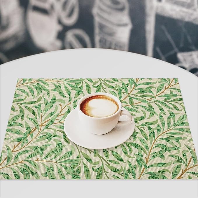William Morris Vintage Botanical Placemats Set of 4, Retro Leaves Boho Plant Place Mats, Heat Resistant Non Slip Cotton Linen Dining Table Mats for Home Kitchen Party 18x12 Inch