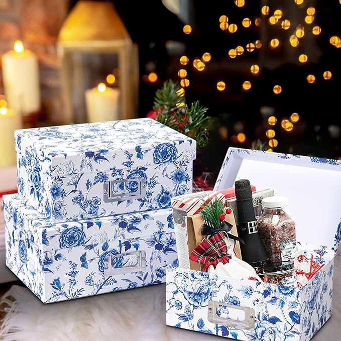Briful Blue and White Porcelain Storage Boxes with Lids, Set of 4 – Chinoiserie Decorative Nested Card Photo Storage Box Organizer, Paperboard Box for Closet, Office, Gifts