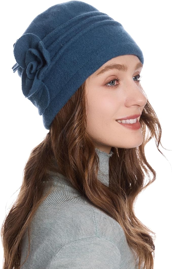 ZLYC Women Wool Cloche Bucket Hat 1920s Vintage Dress Winter Hats with Flower Accent