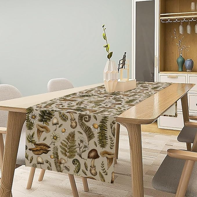 Vintage Woodland Mushroom Table Runner, Rustic Forest Green Plants Wild Mushroom Ferns Daisy Print Kitchen Dining Table Runners for Indoor Outdoor Home Party Holiday Decor, 13x90inch