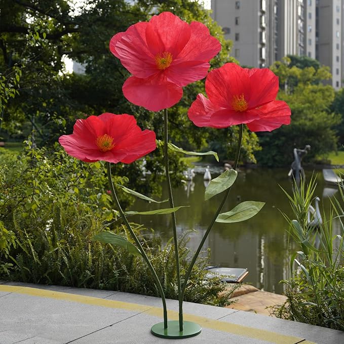 Large Paper Artificial Flowers,Giant Flowers for Decoration,Huge Handcrafted Poppy Fake Flowers with Stand for Home Decor Bridal Shower Party Outdoors Yard Event Backdrop Decor (red)