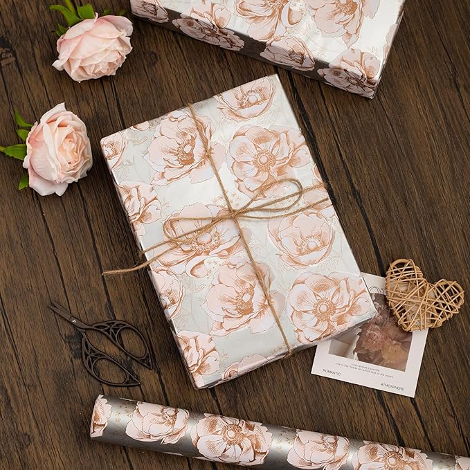 MAYPLUSS Floral Gift Wrapping Paper Roll - 17Inch x 33Feet - Luxury Elegant Shabby Chic Rose Pattern Girl Gift Wrap Present Sheet for Wedding, Bridal Shower, Birthday, Engagement and Mother's Day