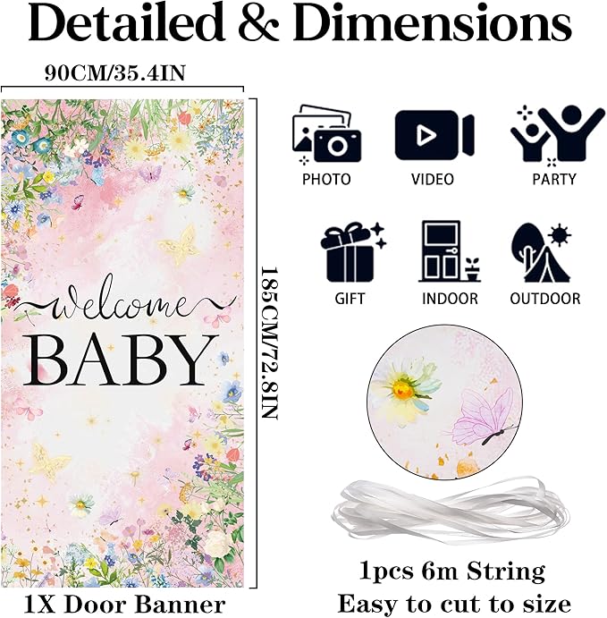 Wildflower Baby Shower Decorations Banner - Floral Welcome Baby Door Banner Party Supplies, Flower Theme Photo Background for Birthday Baby Shower Gender Reveal (72.8 x 35.4 inch)