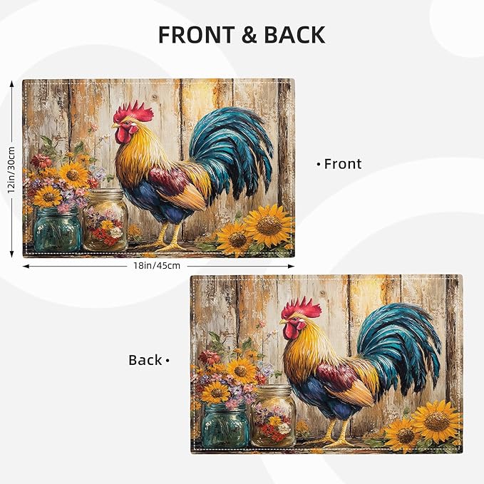 Farmhouse Rooster Placemats Set of 6, Rustic Chicken Place Mats, Sunflower Dining Table Mats, Washable Placemats for Kitchen Dining Room Home Decor 18L'' × 12W''