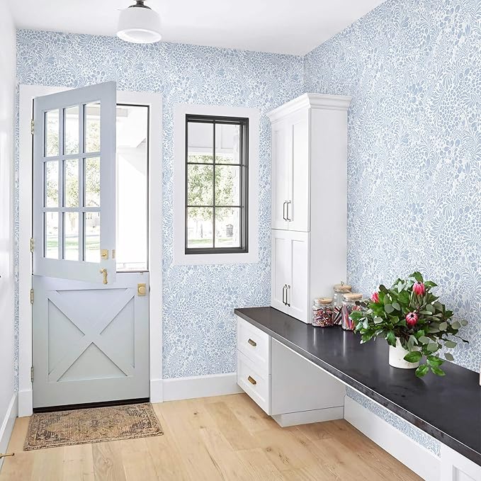 Heroad Peel and Stick Wallpaper Light Blue Floral Contact Paper 30'x17.3'' Boho Wall Paper Modern Removable Self Adhesive Wallpaper for Bedroom Bathroom Kitchen Cabinet Decor Waterproof Vinyl Roll