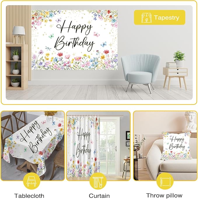 Mocsicka Wildflower Birthday Backdrop Girls Floral Wildflower Birthday Decorations Spring Garden Butterfly Flower First Birthday Banner Background Decorations (7x5ft (82x60 inch))