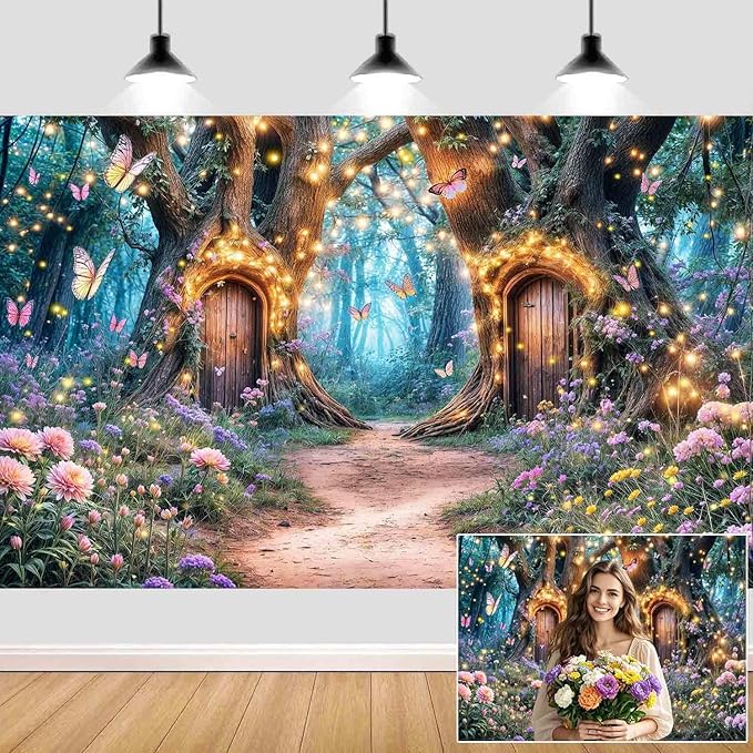 12X10ft Enchanted Forest Backdrop Fairy Enchanted Wonderland Garden Floral Butterfly Photography Background for Kids Girls Baby Shower Birthday Party Decoration Banner Cake Table Photo Booth Props