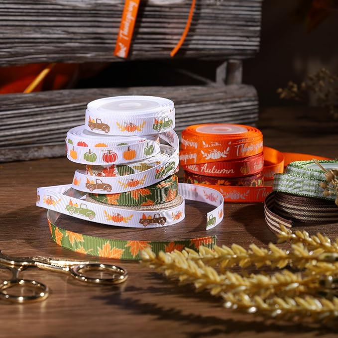 LaRibbons Fall Ribbons for Crafts 3/8 Inch x 5 Yards/Roll 50Yards TTL,Orange Green Yellow Plaid Ribbon for Autumn Wreath Thanksgiving Christmas Farm Gift Wrapping Home Decor