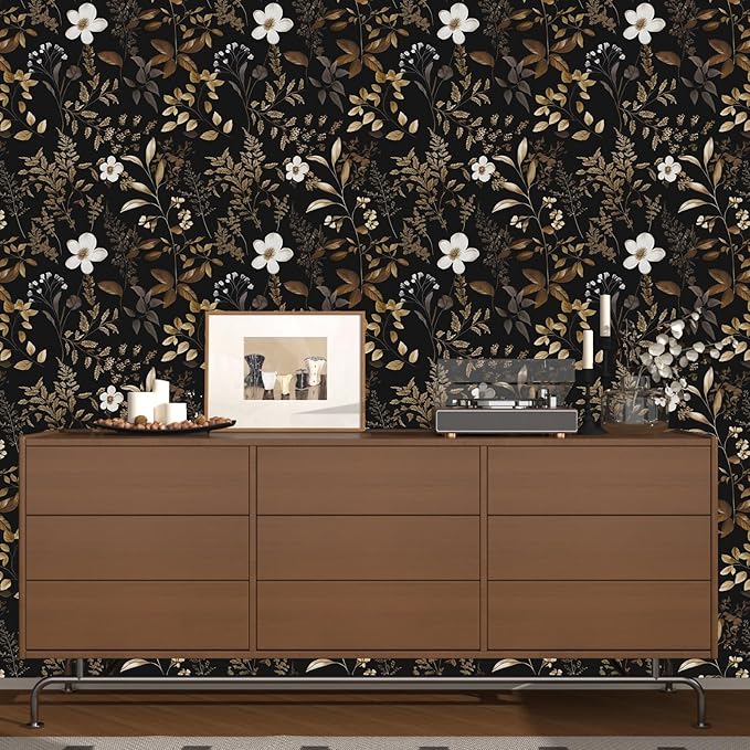 Boho Floral Wallpaper Peel and Stick Black Gold Wallpapers 17.5'' x 393'' Vintage Gold Leaf Contact Paper for Cabinets Waterproof Self Adhesive Removable Wall Paper for Kitchen Table Countertop Walls
