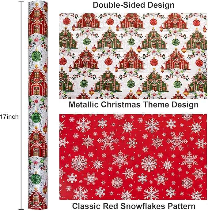 Yarcony Reversible Christmas Wrapping Paper, Vintage Christmas Ornament Gift Wrapping Paper, Classic Watercolor Retro House and Snowflakes Pattern for Holiday, Party(Mini Roll, 17Inch x 33Feet)
