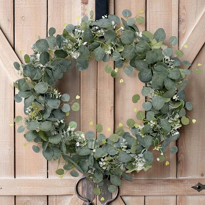 SOMYTING Artificial Eucalyptus Garland with White Flowers 4 Packs 5.9Ft Silver Dollar Eucalyptus Vine Faux Leaves Vine Greenery Garland for Table Wedding Arch Mantle Room Decor (4PCS)