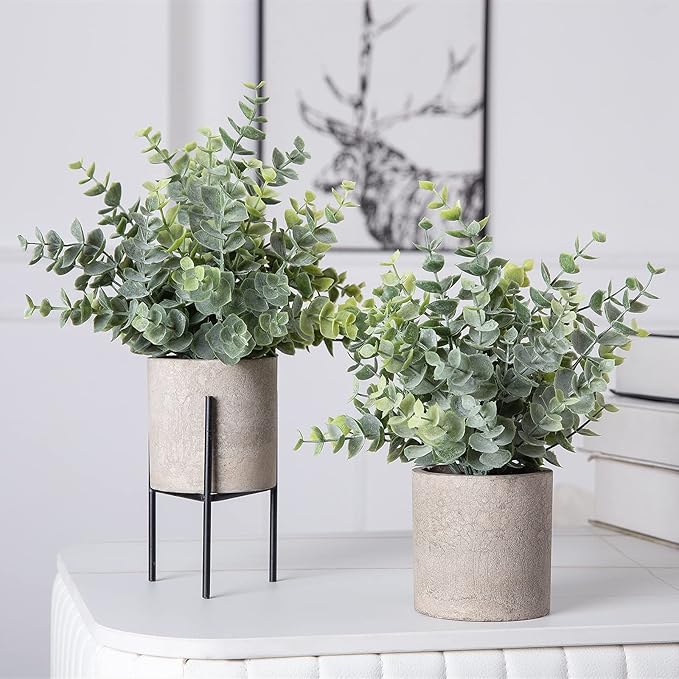 2pcs Artificial Eucalyptus Potted Plants Small Fake Plants in Pots Faux Eucalyptus Potted Plant Set for Home Shelf Decoration Office Table Desktop Decoration