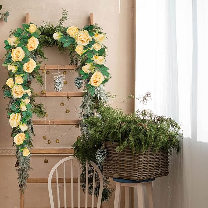 TELDRASSIL 4Pcs(26 FT) Artificial Rose Vine Fake Flower Garland Fake Silk Rose Hanging Vine for Wedding Party Background Arch Garden Background Decoration (Champagne)