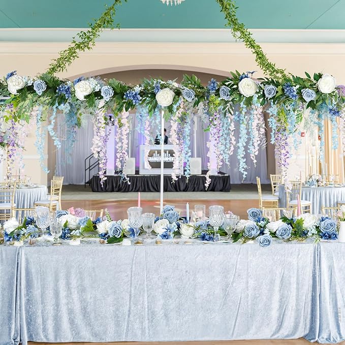 2 Pack Artificial Peony Flower Garland - 6ft Silk Peony Garland Flower Vine Blue and White Peony Silk Roses Flowers for Wedding Arch Party Table Decor (2, Blue)