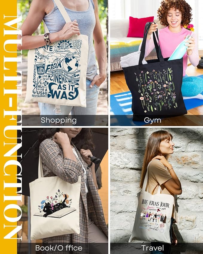 AUSVKAI Cute Cat Book Canvas Tote Bag for Women Reusable Cotton Grocery Bag Beach Totes Gift