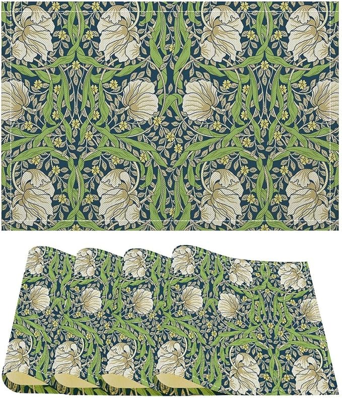 William Morris Placemats Farmhouse Sage Vintage Floral Art Printed Dining Table Mats Set of 4 for Home Kitchen Holiday Picnic Party Decoration 12x18in