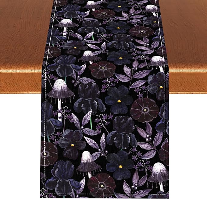 Gothic Floral Table Runner, Dark Purple Vintage Garden Flower Witchy Mushroom Farmhouse Coffee Table Center Decor for Home Kitchen Dining Patio Holiday Party Table Decorations 13x90 inches