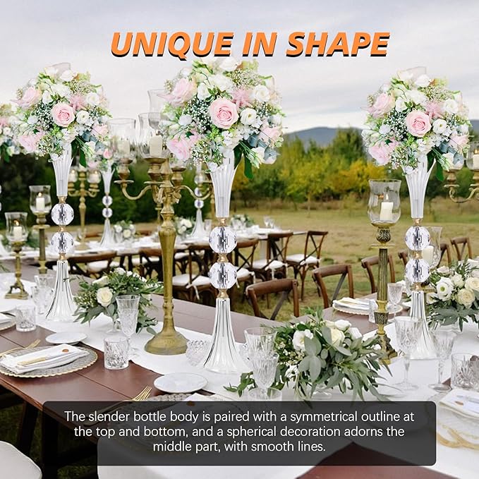 VIJIV Crystal Acrylic Trumpet Vase for Wedding Centerpieces & Home Decor - 18.9" Clear Flower Stand with Ribbed Texture, Gold Accents, Table/Floor Vase for Events, Bridal Showers & Boho Weddings