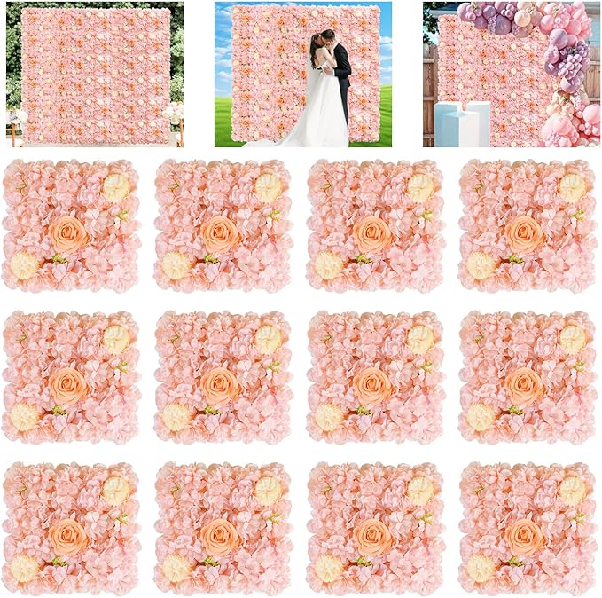 FUHSY Pink Flower Wall Backdrop 3D Rose Flower Wall Panel 12 Packs 15 x 15 Inch Artificial Flower Wedding Backdrop for Photo Floral Background for Bridal Shower Birthday Party Stage Room Decor