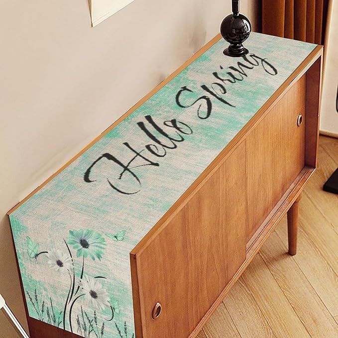Daisy Floral Table Runner, Rustic Sunflower Wild Flowers Wooden Spring Teal Decor for Family Kitchen Farmhouse Holiday Party Table Decorations Indoor Outdoor 13x108 inch