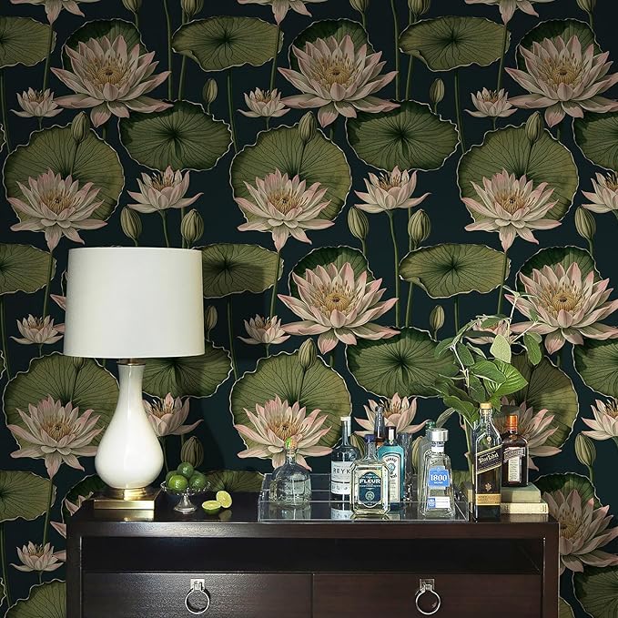 Orainege Vintage Floral Peel and Stick Wallpaper Floral Contact Paper 16.9"x393.7" Lotus Leaf Wallpaper Peel and Stick Self Adhesive Wall Paper for Bedroom Bathroom Covering Wall Decorative