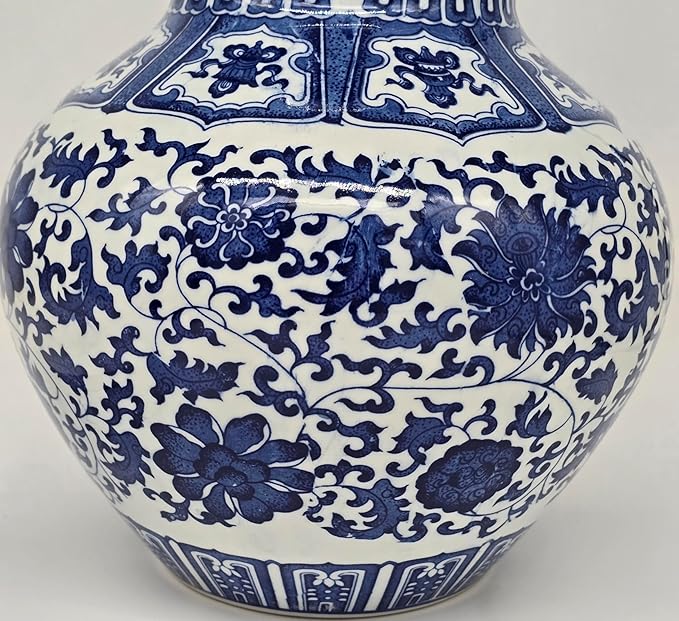 17" Classic Blue and White Porcelain Gourd-Shaped Vase, China Ming Style, Happiness, Good Fortune, Fengshui, Jingdezhen, Free Wood Base