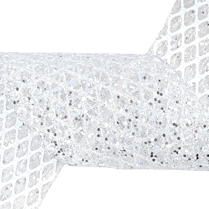VATIN 6" Silver Christmas Ribbon, Silver Glitter Mesh Diamond Web Sequin Dots Wired Christmas Ribbon for Gift Wrapping Bow Making Wreath Supply-10 Yards
