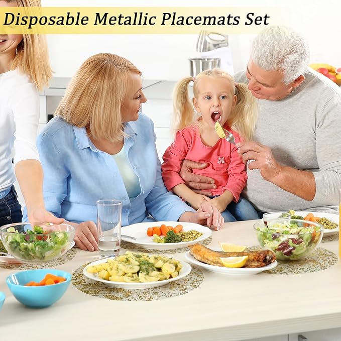 Hysenm 100 Pcs Disposable Gold Placemats Set Metallic 13 Inch Round Foil Mesh Pressed Table Doilies, Ultra-Thin Disposable Placement Mats for Home Decoration Dining Table Wedding Birthday Party