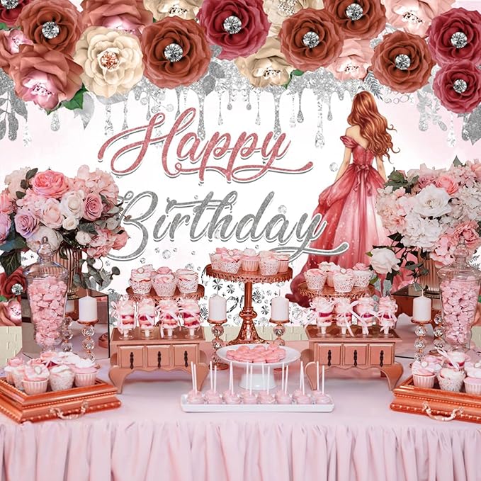 AOFOTO Happy Birthday Backdrop Red Beige Pink Rose Floral Diamond Print Photography Background for Women Girls Birthday Party Banner Home Wall Decor Photo Studio Booth Props 10x6.5ft