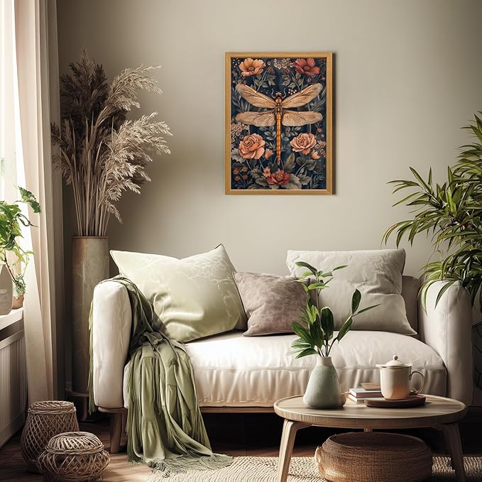 LLEEMPI William Morris Wall Art, Vintage Dragonfly Floral Wall Decor, Abstract Insect Flower Canvas Painting, Nature Botanical Poster Print for Living Room Bedroom Bathroom Office Wood Framed 12x16 inch