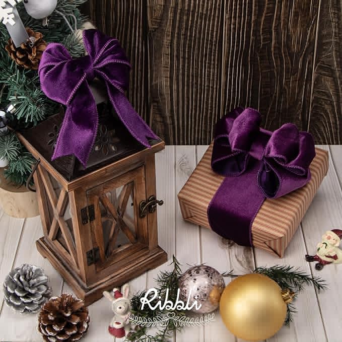 Ribbli Purple Velvet Wired Ribbon 2.5 Inch Velvet with Satin Christmas Ribbon for Gift Wrapping Christmas Tree Decoration Crafts Wreaths Supplies-Continuous 10 Yards