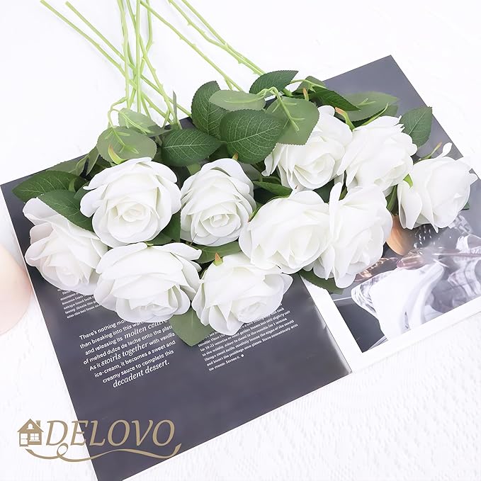 52pcs Ivory Roses Artificial Flowers Ivory White Roses Fake Flowers Silk Roses with Stems for DIY Wedding Bouquets Bridal Shower Centerpieces Arrangements Party Decorations