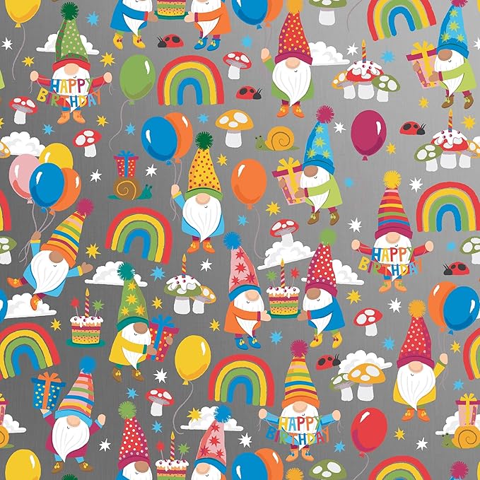 Jillson Roberts Bulk Gift Wrap, Everyday Gift Wrapping Supplies, Birthday Gnomes, 1/4 Ream 208 feet x 30 inches