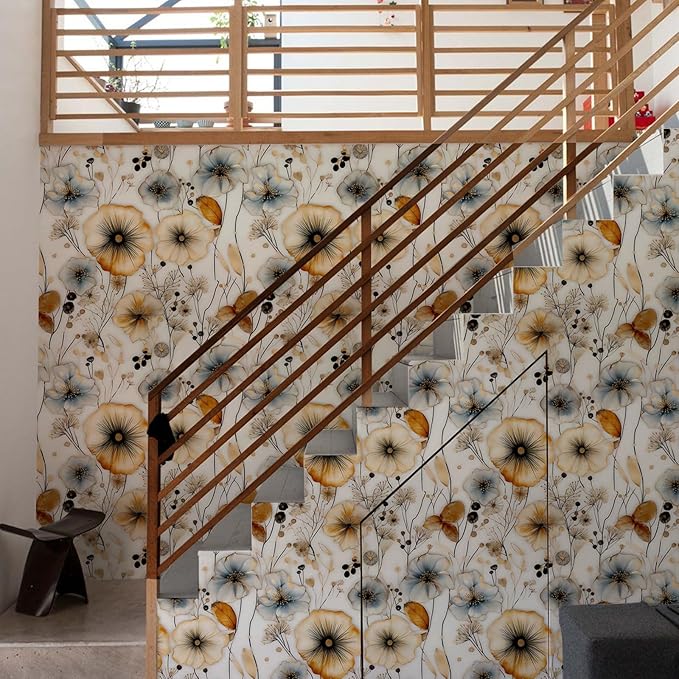 Watercolor Floral Peel and Stick Wallpaper Amber and Blue Leaf Gold Self Adhesive Removable Floral Wall Paper Renter Friendly Contact Paper for Bedroom Bathroom Walls Shelf Liner 17.71"X118.1"