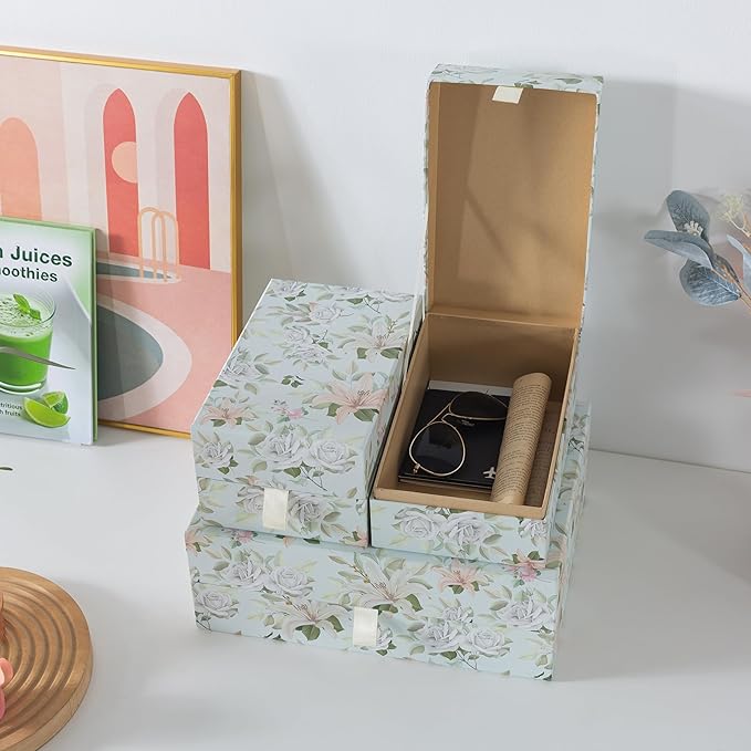 Soul & Lane Pastel Floral Decorative Boxes with Hinged Lids and Muted Ribbon Pull - Pastel Petals, Set of 3 (One Large and Two Medium Boxes), Cardboard Storage for Photos, Documents, Keepsakes