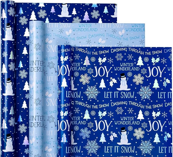 WRAPAHOLIC Christmas Wrapping Paper Roll - Mini Roll - 3 Rolls - 17 Inch x 120 Inch Per Roll - Blue and White Winter Wondland, Snowflake, Snowman Holiday Collection with Metallic Foil Shine