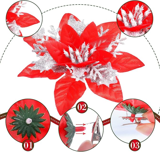 36 Pcs Christmas Glitter Artificial Poinsettia Flowers Xmas Poinsettia Artificial Wedding Flowers Decorations Xmas Tree Ornaments with Clips for Party, 6 Inch, 4 Inch, 3 Inch(Red and Silver)