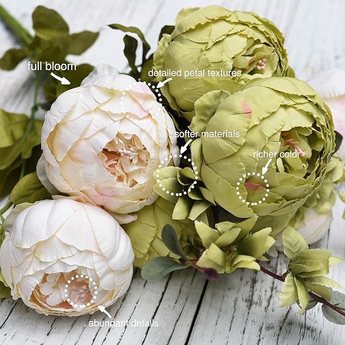FiveSeasonStuff Vintage Artificial Peonies Silk Peony Flowers and Hydrangeas for Wedding Bridal Home Décor – Beautiful Floral Centerpiece Arrangement 2 Bouquets (Country Rustic Brown Beige Green Mix)